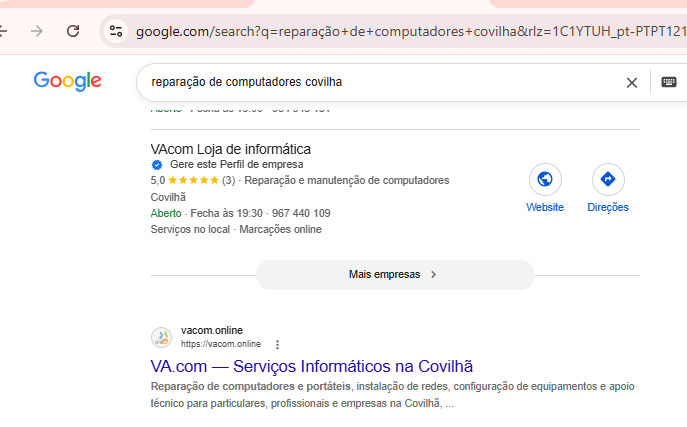 Pesquisa no Google onde a VAcom aparece em primeiro lugar