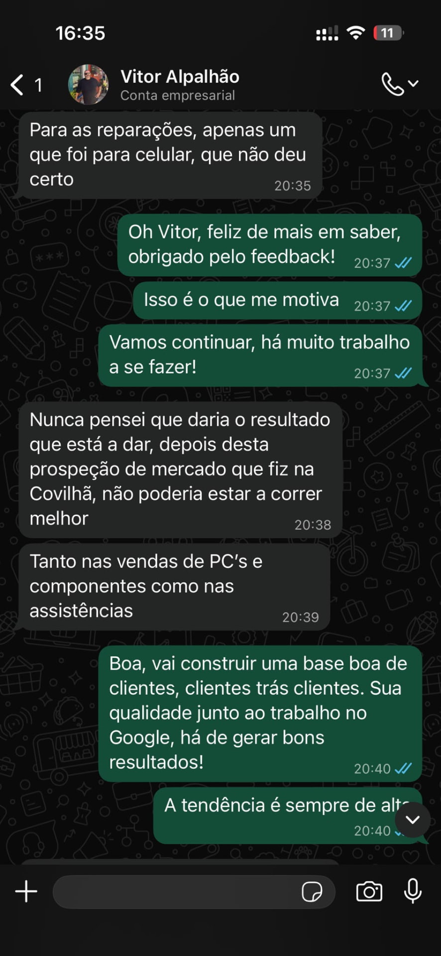 Mensagem do Vítor Alpalhão a confirmar novos contactos e vendas